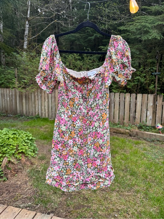 Lost + Wander Dresses & Skirts - Lost + Wander Floral Square Neck Puff Sleeve Mini Dress - Pink, Green, Orange